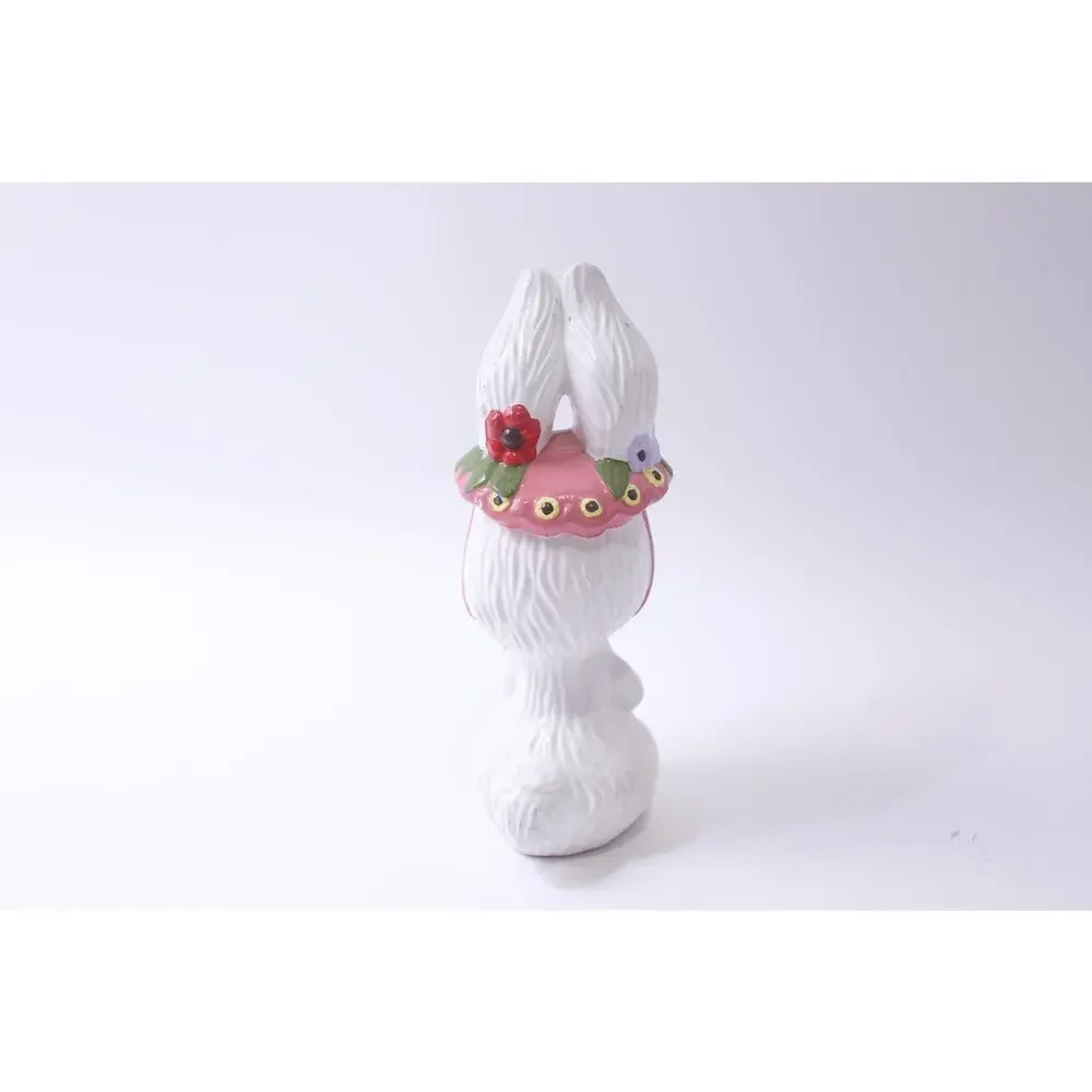 Easter Rabbit holding a Basket with Flowers, Ceramic Figurine, 80s Spring